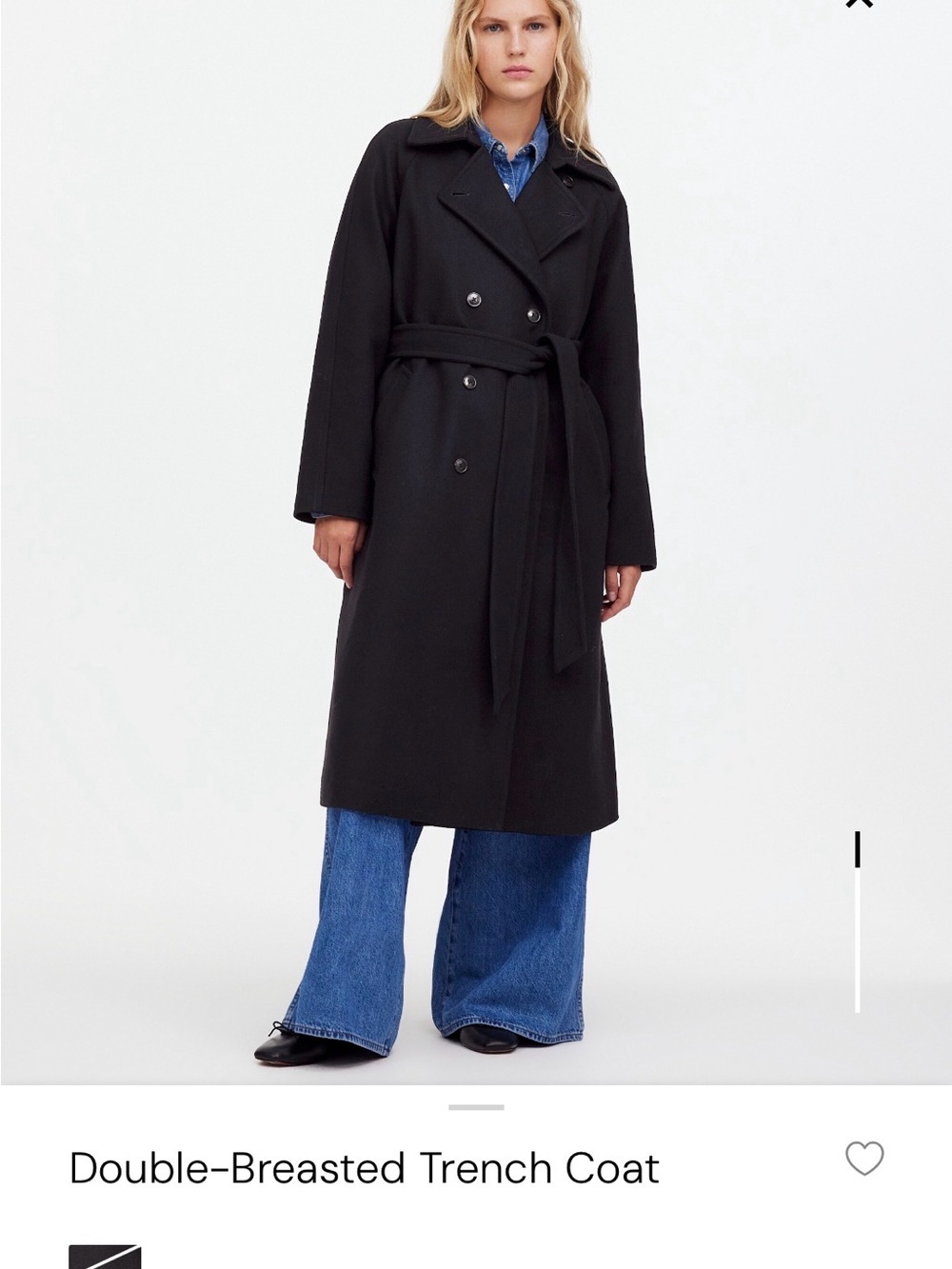 Madewell Black Double-Breasted Trench Coat with Waist Tie
